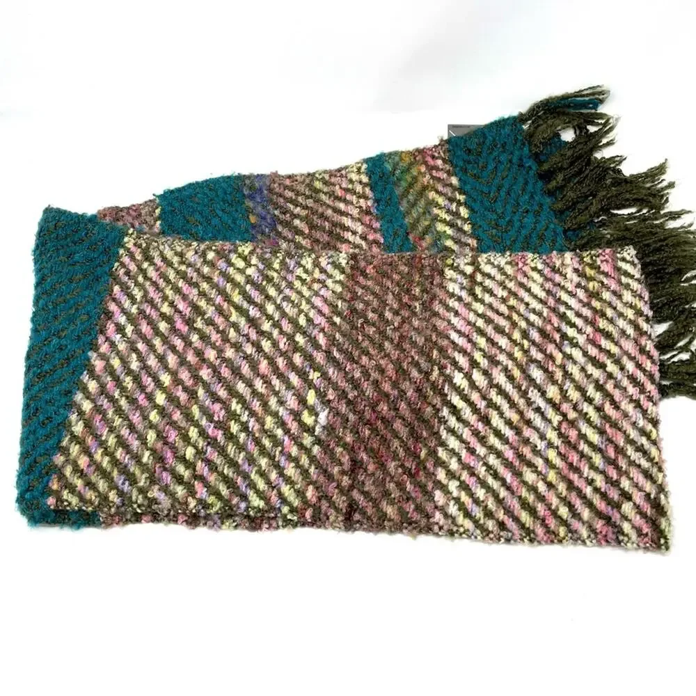 Renne's NYC Women's Knit Scarf in Teal Multi, Soft Rectangle Scarf w/ Fringe